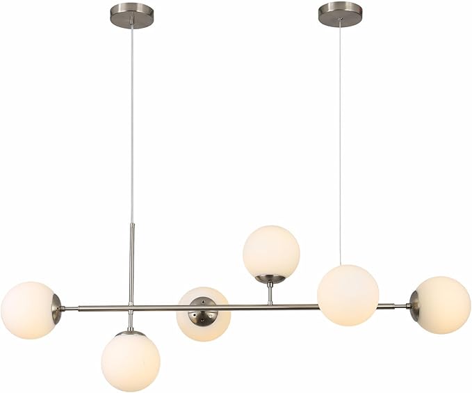 KCO Modern Silver Milk Glass Pendant Light 6 Light Pendant Light Fixture Chandelier Brushed Nickel Chandelier Modern Hanging Linear Light Fixture for Dining Room Kitchen Island