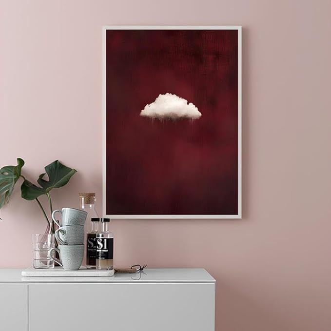 Nationcog Minimalist Cloud Wall Art Print on Burgundy Background, Modern Surreal Cloud Poster, Abstract Sky Artwork, Contemporary Red Aesthetic Decor for Bedroom or Living Room (Unframed) (16x24)