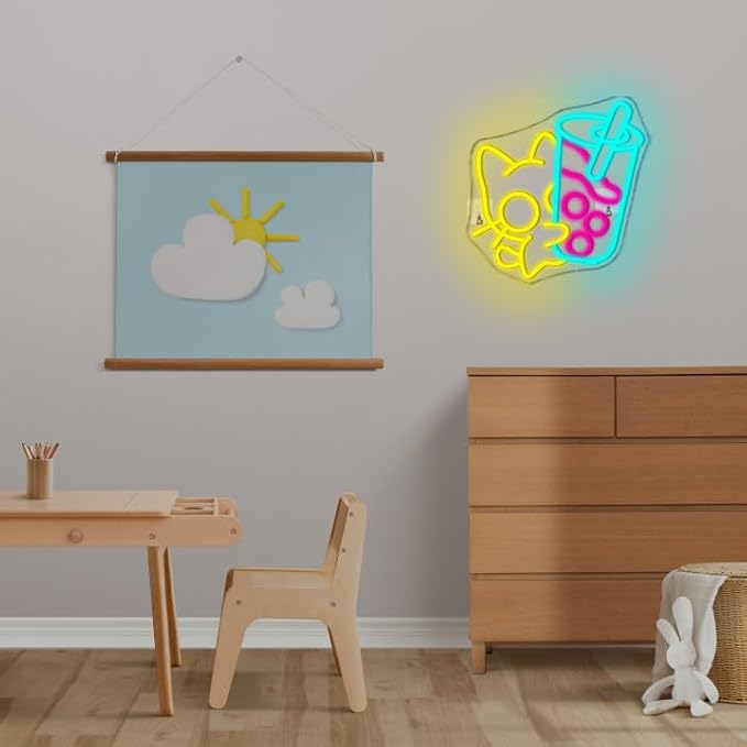 Looklight Cat Boba Tea Neon Sign Yellow Cute Kitty Bubble Tea Neon Signs for Wall Decor LED Neon Light Bar Sign Light Up Signs for Dimsum Store Bar Milk Tea Shop