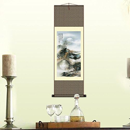 AtfArt Asian Wall Decor - Beautiful Silk Scroll Painting of Waterfall River Landscape - Oriental Decor Chinese Art Wall Scroll (36.2 x 12 in)