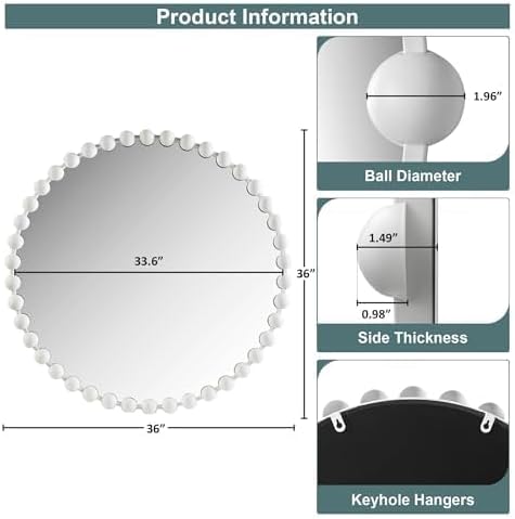 Madison Park Round Mirror, Metal Frame Circle Mirror 36 inch, Wall Art Decor Mounted Hanging for Entryway, Bathroom, Hallway, Living Room, Vanity, Marlowe, White