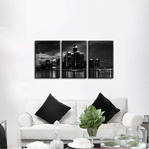 NAN Wind 3 Pcs Wall Art Beautiful Detroit Skyline Black & White Canvas Art Paintings For Room Decor Cityscape Skyscrapers Night Scene Picture Prints On Canvas For Home Decor Modern Giclee Framed