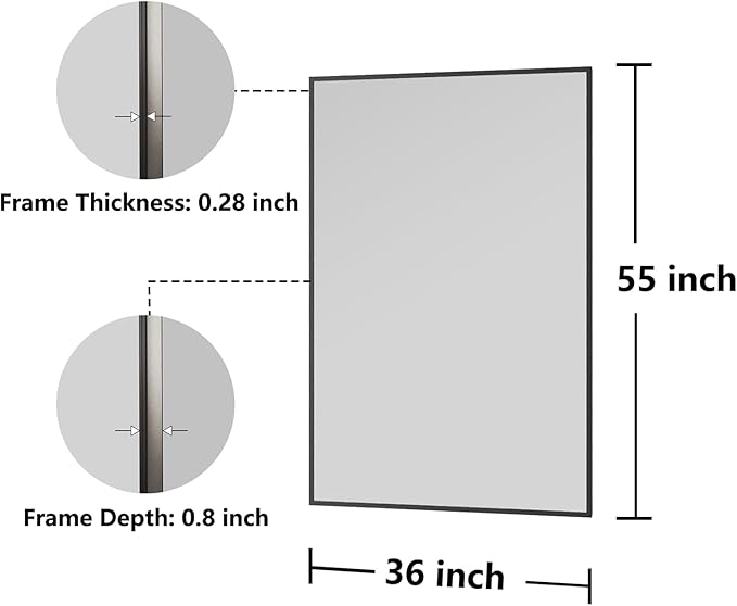 Bathroom Mirror 36x55 Black Bathroom Wall-Mounted Mirrors, Modern Vanity Mirror for Bedroom, Living Room, Aluminum Alloy Frame Allow to Hang Horizontally or Vertically