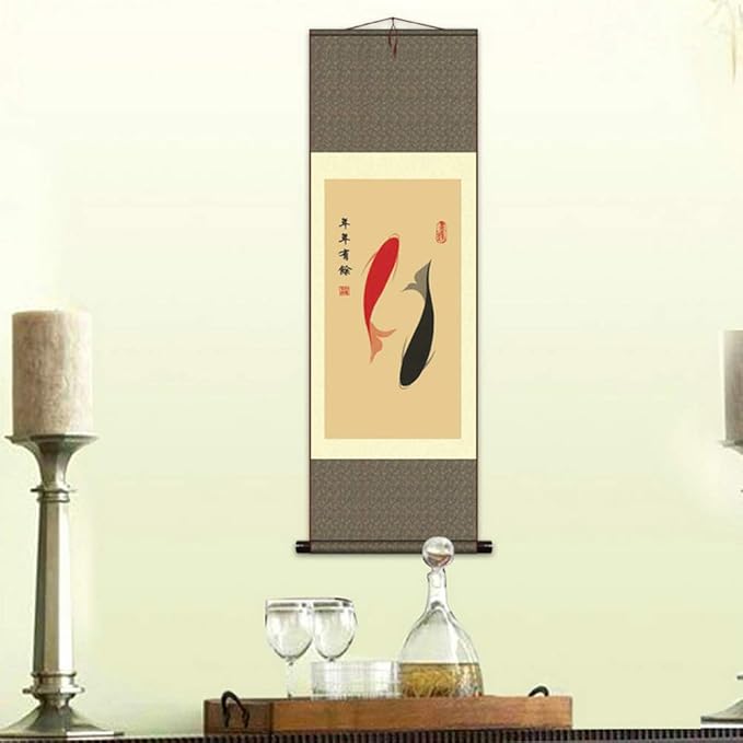 AtfArt Asian Wall Decor Beautiful Silk Scroll Painting - Ancient Pisces Double Fish Oriental Chinese Art Wall Hanging (39 x 12 in)