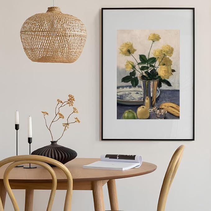 Nationcog Yellow Rose Still Life Wall Art Print - Vintage Floral and Fruit Painting in Vase - Classic Botanical Artwork for Kitchen, Dining Room, Living Room or Gallery Decor (Unframed) (9x11)