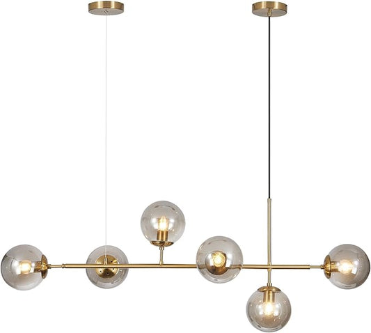 KCO Lighting 6-Light Modern Globe Sputnik Chandelier Brass Gold Linear Pendant Chandelier Lighting Smoke Glass Dining Room Chandelier Mid Century Sputnik Island Lights for Kitchen Living Room