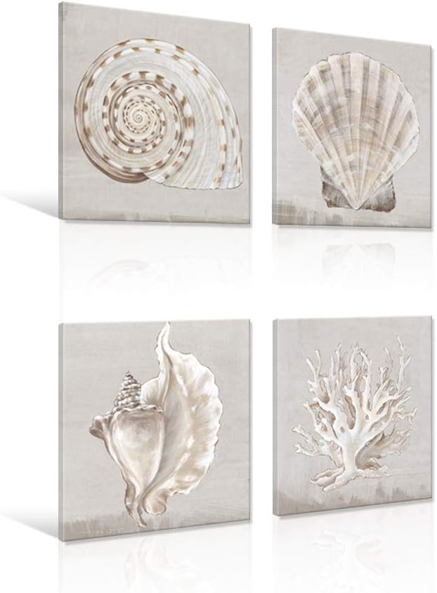 JAPO ART Ocean Art by PI Creative Art Modern Canvas Print Wall Pictures Vintage Giclee Print on Canvas Stretched Living Room Bedroom Home Decor (neutral shells Eva Watts, 20 x 20 inch x 4 pcs)