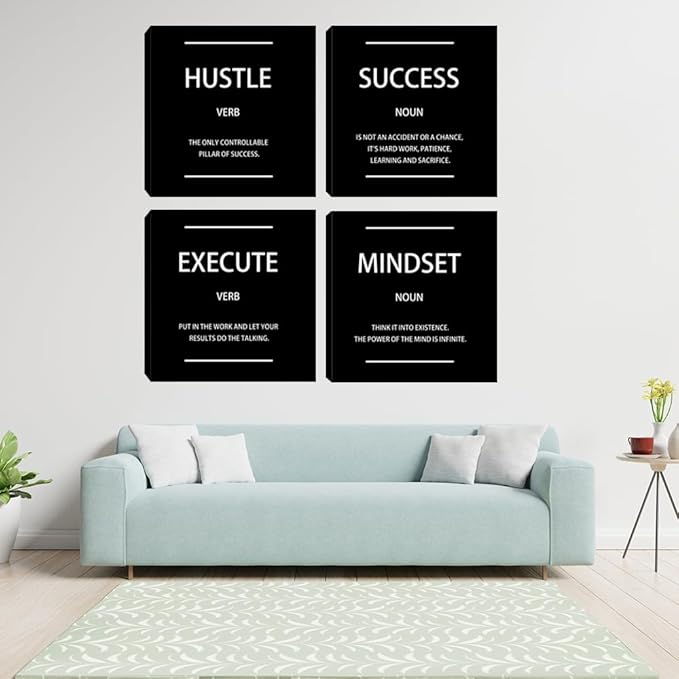 Motivational Hustle Wall Art Inspirational Mindset Canvas Poster Print Inspiring Entrepreneur Quotes Success Execute Office Wall Decor Black Set of 4 Picture Painting Framed Artwork for Living Room