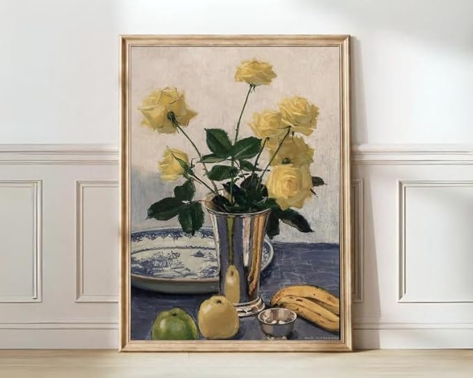 Nationcog Yellow Rose Still Life Wall Art Print - Vintage Floral and Fruit Painting in Vase - Classic Botanical Artwork for Kitchen, Dining Room, Living Room or Gallery Decor (Unframed) (27x40)