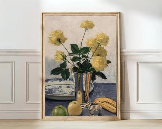 Nationcog Yellow Rose Still Life Wall Art Print - Vintage Floral and Fruit Painting in Vase - Classic Botanical Artwork for Kitchen, Dining Room, Living Room or Gallery Decor (Unframed) (27x40)