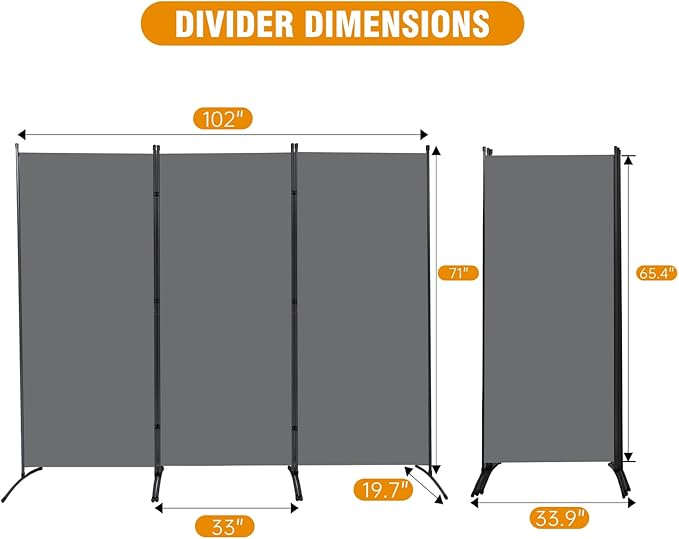 6 FT Tall Room Divider Screen Fabric Wall Divider with Metal Frame, 3 Panel Folding Privacy Screens, Portable Room Divider Panel, Freestanding Room Divider Partition for Office Bedroom Study, Grey