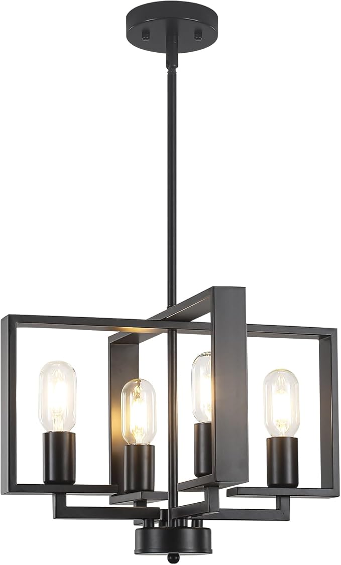 4-Light Modern Farmhouse Black Chandeliers for Entryway, 16'' Geometric Pendant Lights Kitchen Island, Hanging Industrial Metal Chandelier for Stairway Foyer Hallway Dining Room