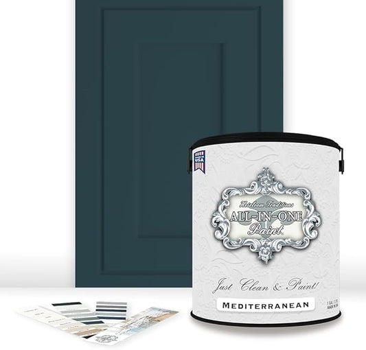ALL-IN-ONE Paint, Durable cabinet and furniture paint. Built in primer and top coat, no sanding needed. Includes our 30 featured color card - Mediterranean (blue teal), Gallon