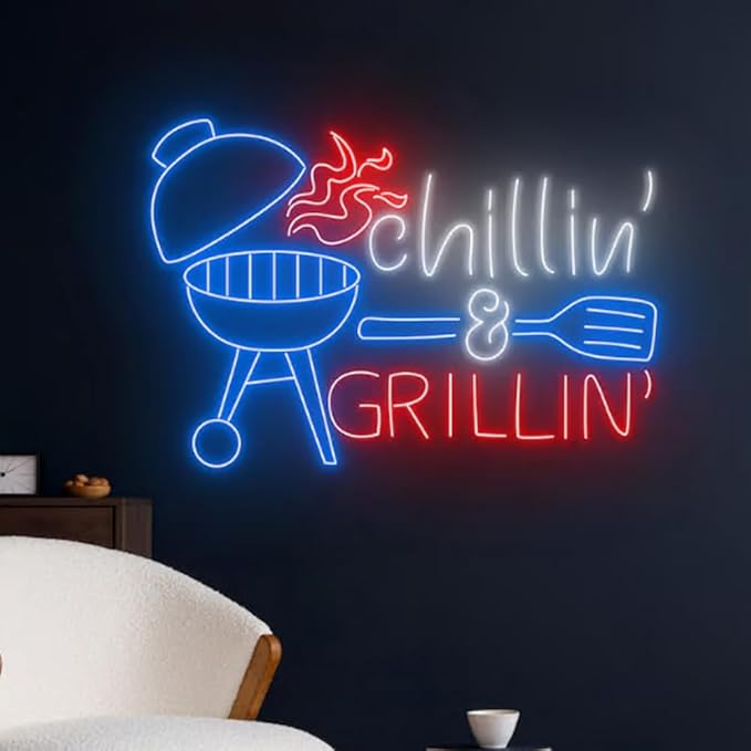 Chilling And Grilling Neon Light, BBQ Neon Sign, Barbecue Led Light, Grill Led Sign, Fire Meat Room Wall Decor, Restaurant Neon Light Size:23inch