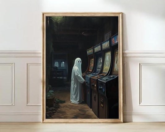 Nationcog Ghost Playing Arcade Wall Art Print – Retro Gaming Ghost Poster for Gamer Room, Halloween Decor, Spooky Aesthetic Art for Bedroom or Gaming Setup (Unframed) (11x14)