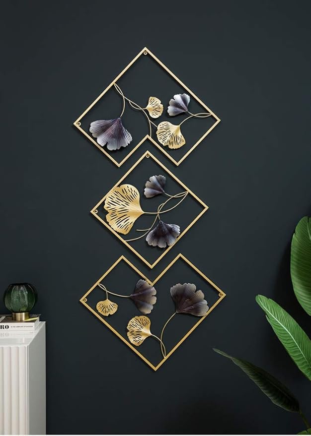 MKUN Iron Wall Sculptures - Set of 3 Diamond shaped Metal Wall Decor with Gingko Biloba Art Great for Home Hotel Decoration(Gold&Gray)