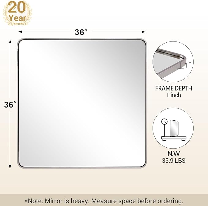 ANDY STAR 36x36 Inch Chrome Mirrors for Bathroom, Chrome Square Bathroom Vanity Mirror, Rounded Mirror, Anti-Rust SUS304, Seamless Tube Metal Frame, 1’’ Deep Wall Mounted Vertically/Horizontal