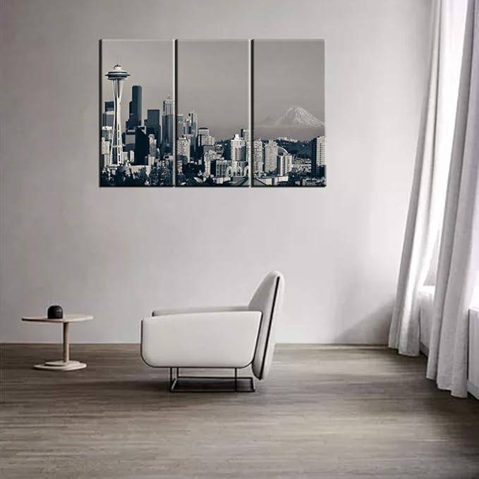 3 Piece Black and White Canvas Wall Art City Seattle Skyline Wall Pictures for Living Room Modern Washington Cityscape Art Wall Decor Stretched and Framed Ready to Hang - 24'' x 12'' x 3 Panels