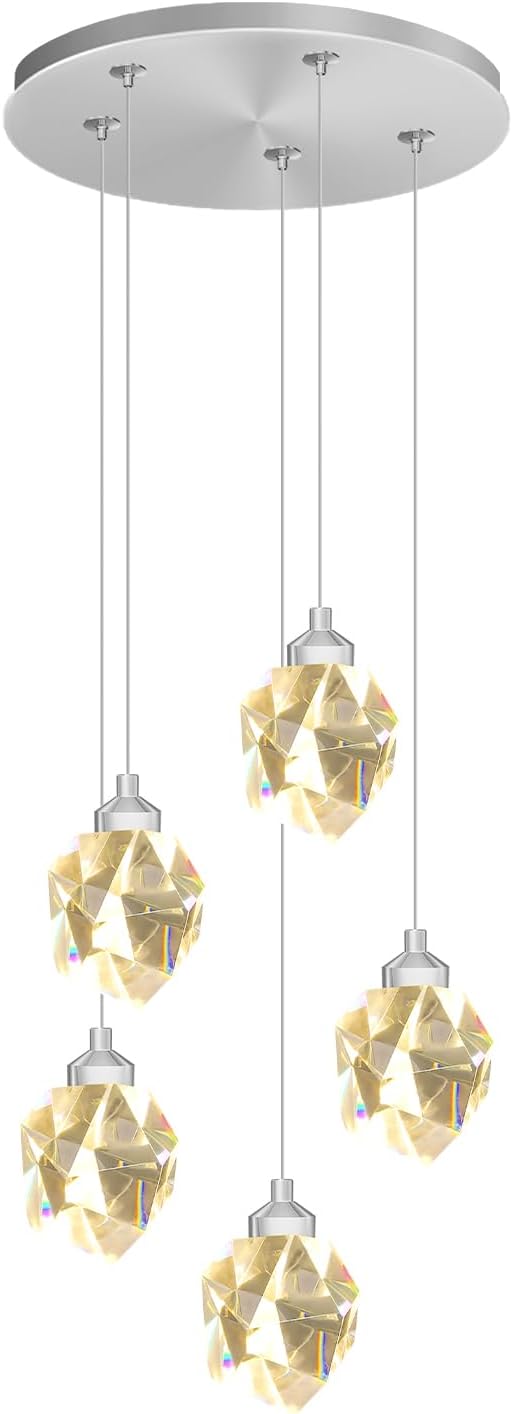 Modern LED Chrome Crystal Raindrop Chandeliers Adjustable Pendant Light for Kitchen Island 5-Light Dining Room Light Fixtures Over Table Dimmable 3000K-6000K