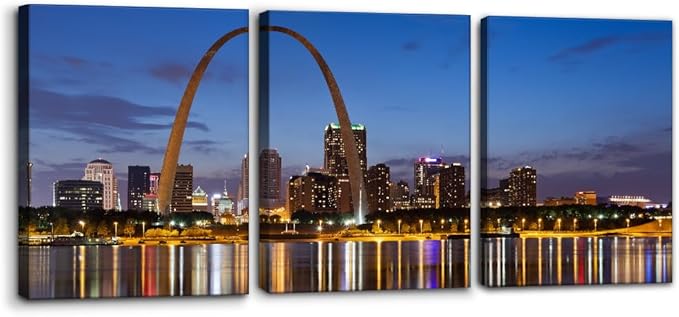Pacimo Canvas Wall Art for Home Decor St. Louis Skyline Poster Wall Decor Gateway Arch at Sunset Canvas Prints Pictures Cityscape Modern Artwork Stretch and Framed Ready to Hang - 12"x16"x3 Panels