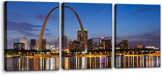 Pacimo Canvas Wall Art for Home Decor St. Louis Skyline Poster Wall Decor Gateway Arch at Sunset Canvas Prints Pictures Cityscape Modern Artwork Stretch and Framed Ready to Hang - 12"x16"x3 Panels