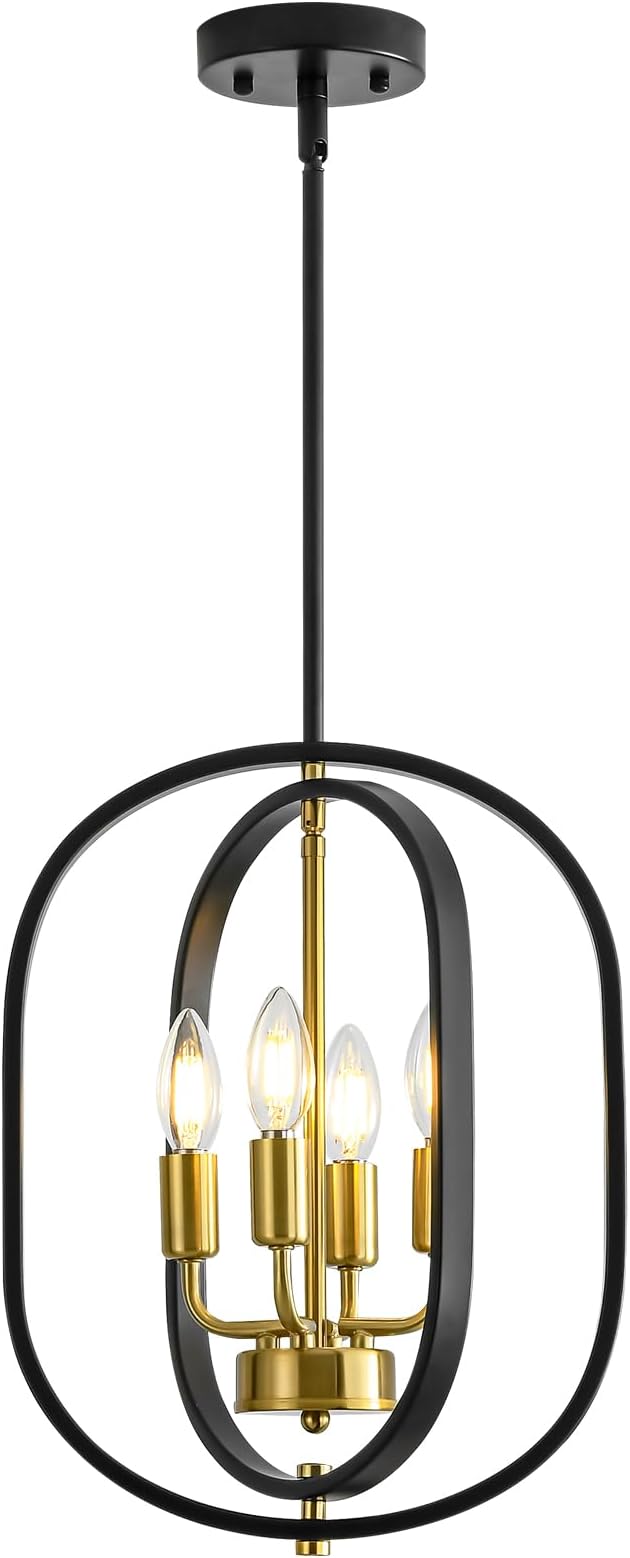 12.2'' Black and Gold Farmhouse Chandelier 4 Light Fixture for Dining Room, Kitchen Island & Entryway, Adjustable Industrial Rustic Geometric Hanging Chandelier for Living Room, Foyer, Hallway