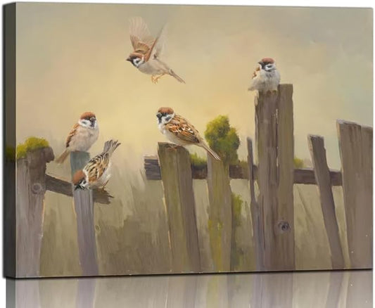 Bird Canvas Wall Art Birds Flying on The Wooden Fence Painting Decor Farmhouse Birds Art Print Pictures for Living Room Kitchen Home Office Decorations 24x32 inch