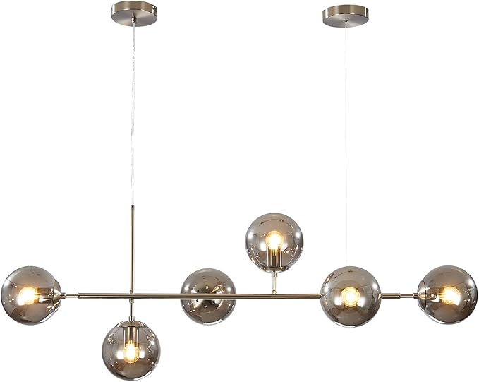 KCO Modern 6-Light Ceiling Pendant Lighting Mid-Century Glass Globes Sputnik Pendant Lamp Hanging Adjustable Chandelier for Kitchen Island Living Dining Room (Silver+Smoke Grey)