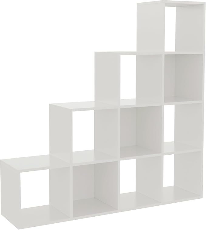 Ladder Cube Storage Bookcase - Wooden L-Shaped 4-Tier Corner Shelf, Reversible 10-Cube Organizer for Home & Office, White