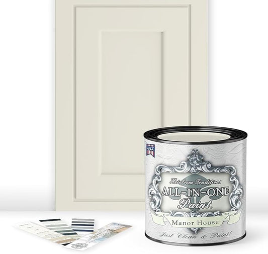 ALL-IN-ONE Paint, Durable cabinet and furniture paint. Built in primer and top coat, no sanding needed. Includes our 30 featured color card - Manor House (creamy off white), Quart