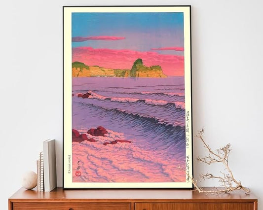 Nationcog Morning Sea at Shiribeshi Woodblock Poster, Japanese Ocean Print by Kawase Hasui, Zen Japandi Home Decor, Relaxing Vintage Art (Unframed) (12x18)