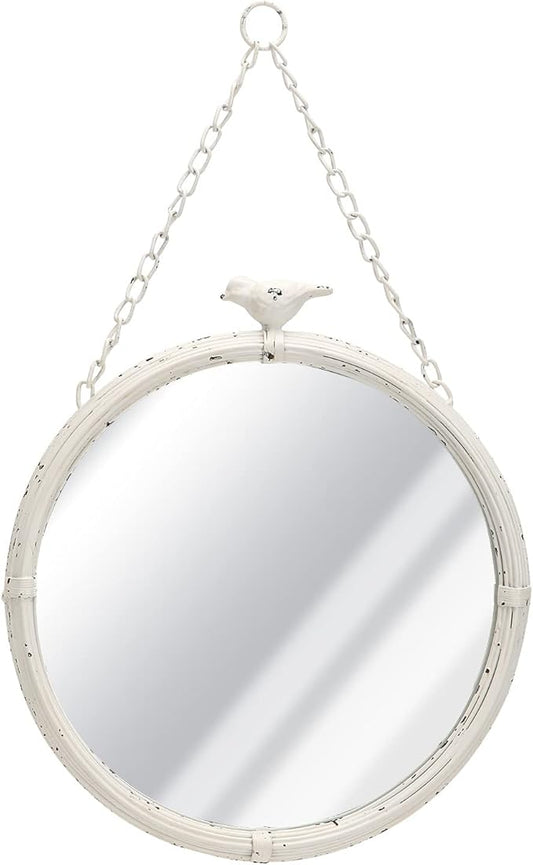NIKKY HOME 11 Inch Decorative Small Hanging Mirrors Vintage Rustic Round Metal Framed Wall Mounted Mirror Decor with Bird for Bathroom Living Room Office, Rustic White