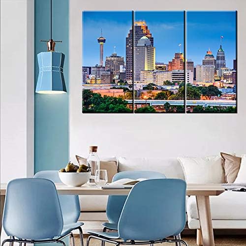 3 Pieces Wall Art Beautiful San Antonio Skyline Canvas Art Paintings for Room Decor Texas Cityscape Skyscrapers Night Scene Picture Prints On Canvas for Home Decor Modern Giclee Framed 24x36inch