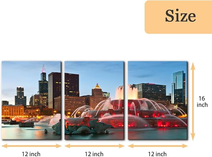 Pacimo Canvas Wall Art for Bedroom - Buckingham Fountain Painting Prints Chicago Cityscape Wall Decor Skyline Modern Artwork Home Decor Stretched and Framed Ready to Hang - 12"x16"x3 Panels
