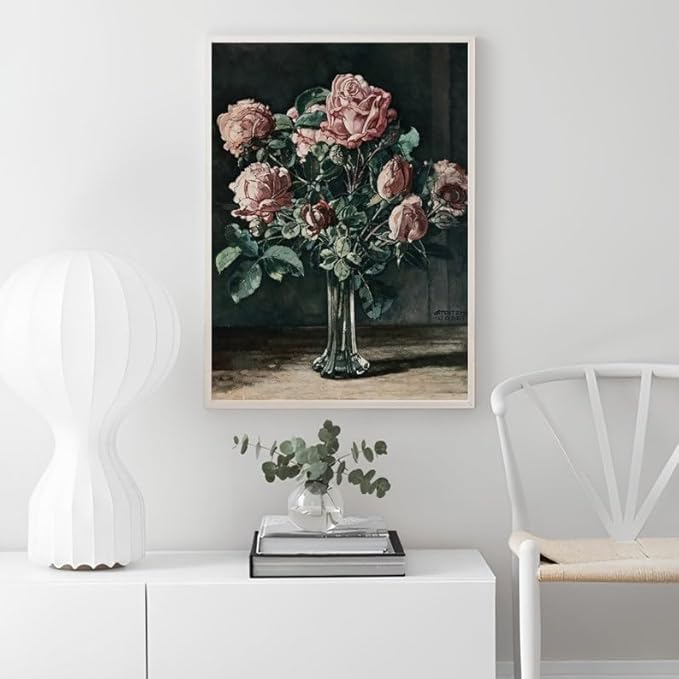Nationcog Pink Rose Wall Art Print - Vintage Flower Bouquet Painting in Glass Vase - Antique Floral Still Life Artwork for Living Room, Bedroom, Office, Hallway, Home Decor (Unframed) (20x30)