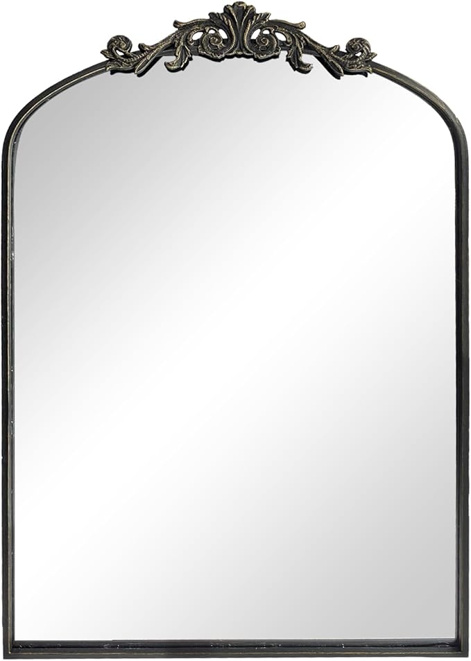Black Ornate Mirror for Wall, Traditional Vintage Ornate Baroque Mirrors,Victorian Antique Bronze Full Matel Frame,Arched Mirror for Entryway/Bathroom/Fireplace 24"X36"