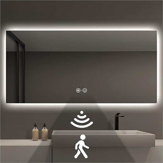 Backlit LED Bathroom Mirror, Infrared Motion Sensor Vanity Mirror with 3-Color Lights, Stepless Dimmable Wall Lighted Mirror with Anti-Fog, Memory, Rectangular (36" L x 72" W)