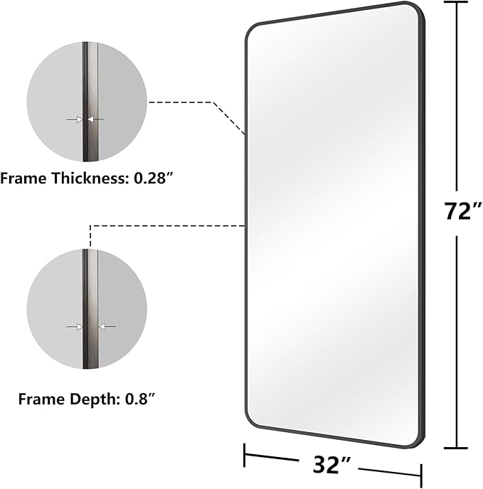 Koonmi Bathroom Mirror, 32X72 Inch Black Metal Framed Mirror for Bathroom, Tempered Glass, Anti-Rust, Rounded Rectangle Mirror for Restroom, Bedroom, Black