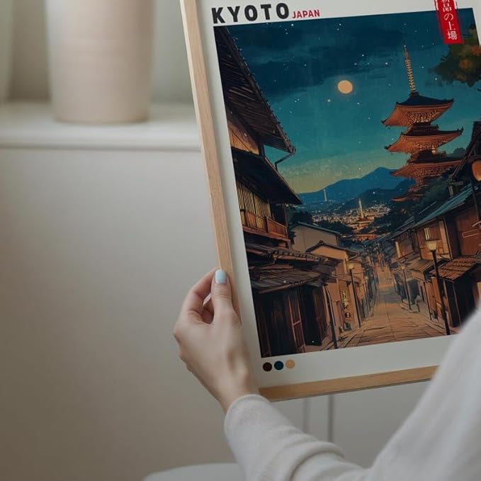 Nationcog Kyoto Japan Poster, Hokan-ji Temple Pagoda Wall Art Print, Vintage Japanese Night Street Landscape, Japandi Style Travel Decor for Bedroom or Living Room (Unframed) (24x36)