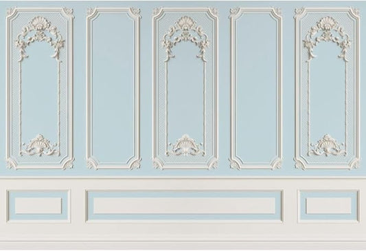 Leyiyi 15x10ft Blue White Vintage Room Inside Backdrop European Frame Modern House French Castle Cementery Wall Retro Style Photo Background Cowboy Kids Birthday Portrait Studio Props Vinyl Wallpaper