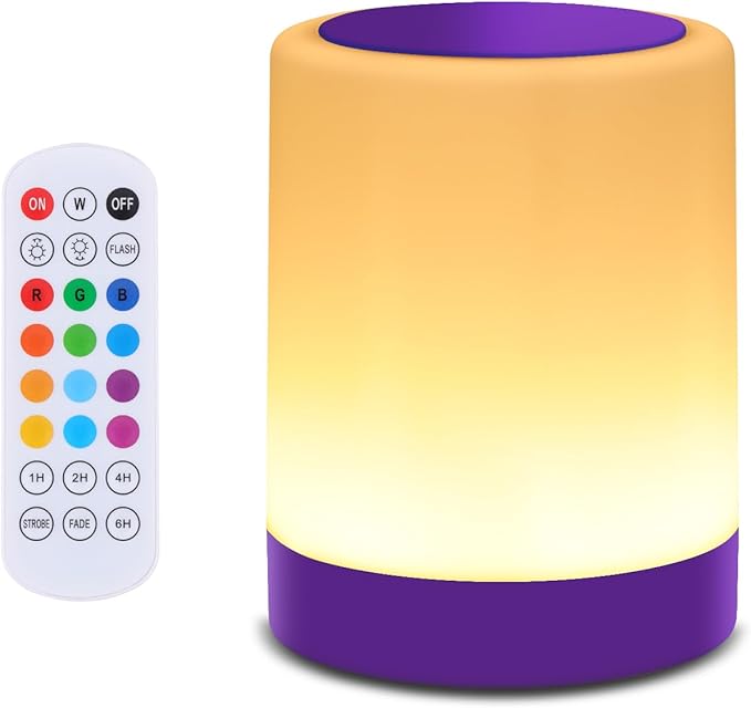 OORUN Touch Bedside Table Lamp,13 RGB Colors & 5 Brightness, USB Rechargeable Desk Lamp, Remote Control Dimmable Night Light with RGB Color Changing,Portable Lamp for Baby, Living Room (Purple)