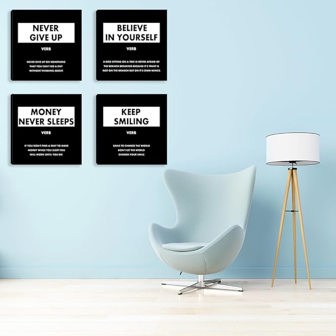 Motivational Framed Wall Art - Inspirational Office Quotes Wall Decor for Living Room Bedroom Black White Canvas Wall Art Wall Painting Picture Posters Artwork - 12"x12"x4PCS
