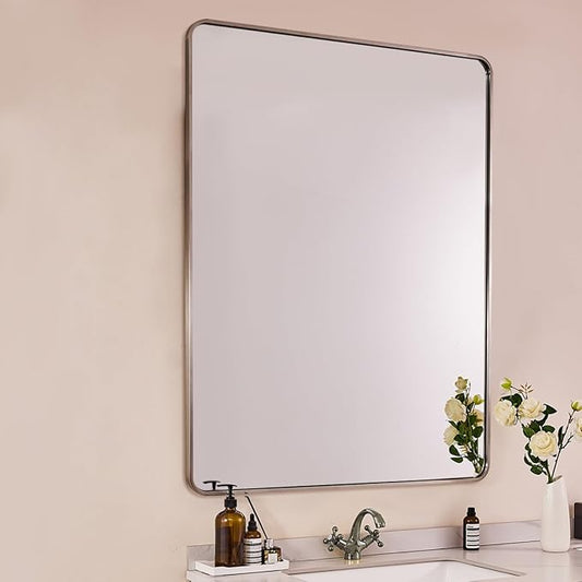 ANDY STAR 48x36 Inch Brushed Nickel Bathroom Mirror, Rounded Rectangle Bathroom Vanity Mirrors for Wall, Anti-Rust SUS304, Seamless Tube Metal Frame, 1’’ Deep Wall Mounted Vertically/Horizontal