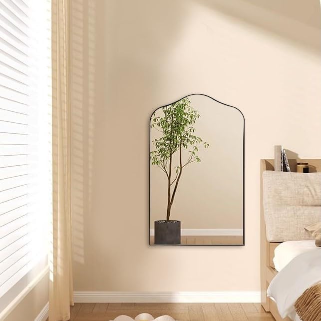 ANDY STAR Scalloped Arched Mirror, 24x38 Brushed Nickel Irregular Bathroom Mirror for Vanity, Asymmetrical Curved Top with Anti-Rust Stainless Steel Frame, for Entryway, Bedroom, Mantel, Fireplace