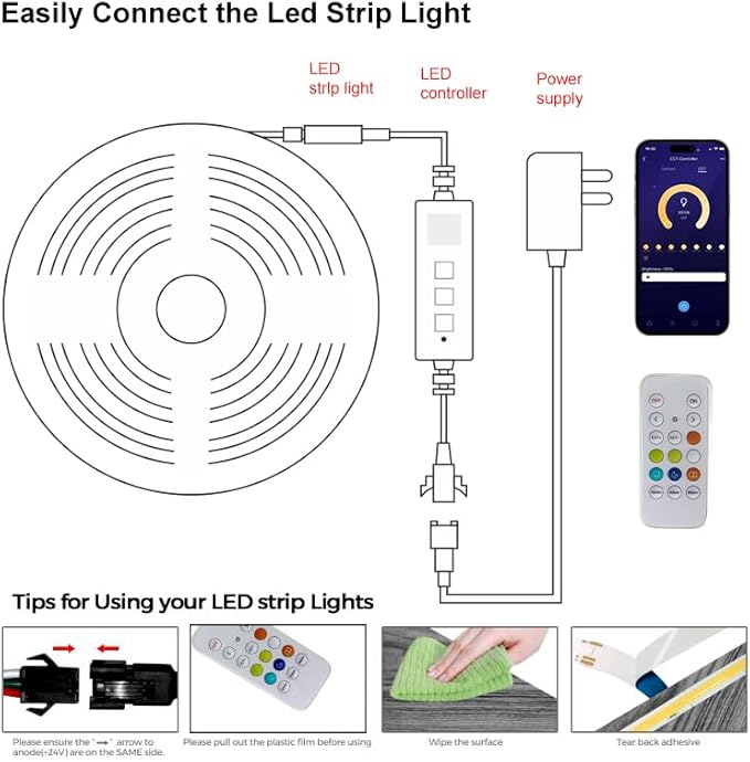 CCT COB LED Strip Light 9.84ft, Tunable White Warm White to Cool White LED Strip, 608LEDs/M DC24V Tape Light, CRI90+, Bluetooth App Control, Dimmable Strips for Bedroom, Office, DIY Lighting.