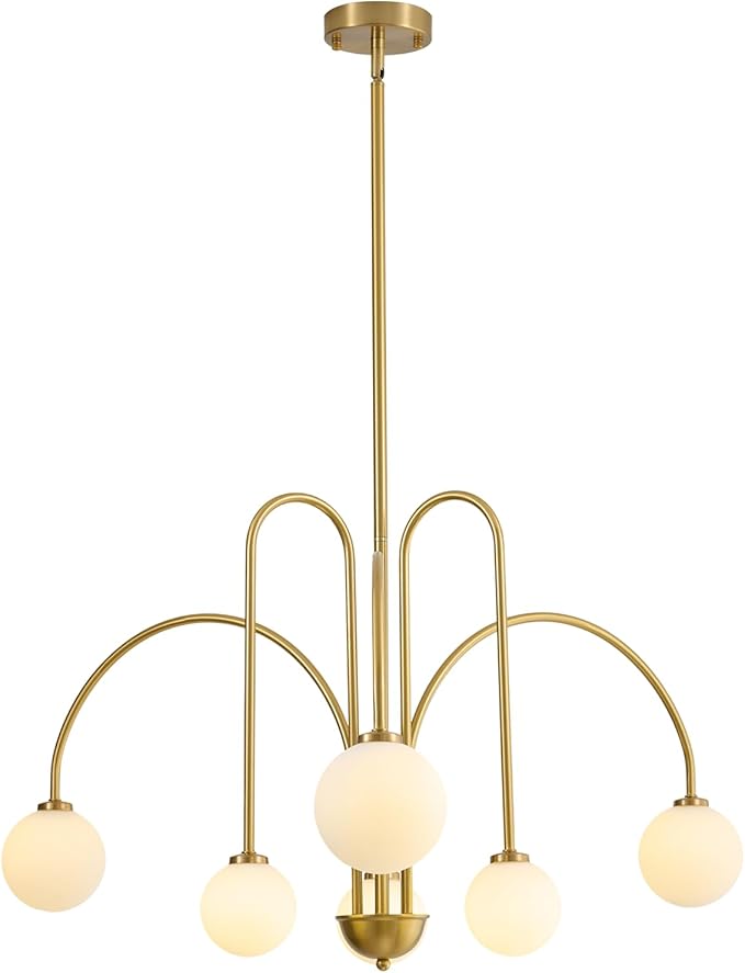 Mid Century Modern Sputnik Chandelier: 6-Light Globe Gold Chandeliers for Living Room - 40" White Glass Ball Dining Room Light Fixture - Large Pendant Lights for Kitchen High Ceiling Foyer Entryway