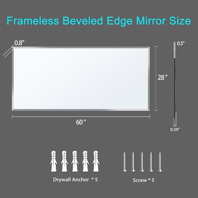 60x28 Inch Bathroom Mirror Frameless Beveled Edge Rectangle Wall Mirror Explosion Proof and Shatterproof Bathroom Vanity Mirror Wall Mounted Hang Firmly (Horizontal or Vertical)