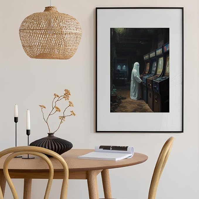 Nationcog Ghost Playing Arcade Wall Art Print – Retro Gaming Ghost Poster for Gamer Room, Halloween Decor, Spooky Aesthetic Art for Bedroom or Gaming Setup (Unframed) (24x36)