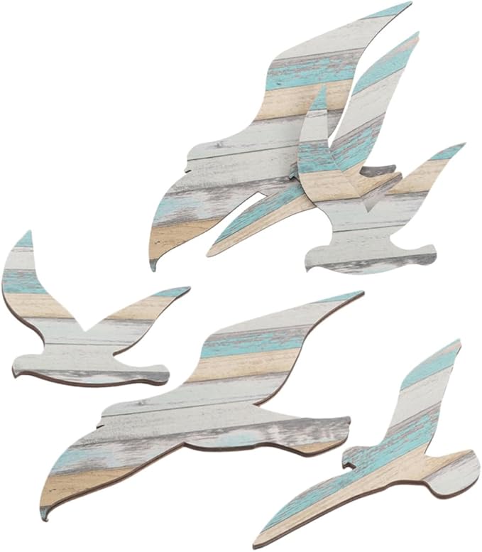 Cabilock 6pcs Wooden Seagull Wall Decor Coastal Nautical Ocean-themed Hanging Art for Family DIY Mediterranean Style Sea Bird Wall Sculpture