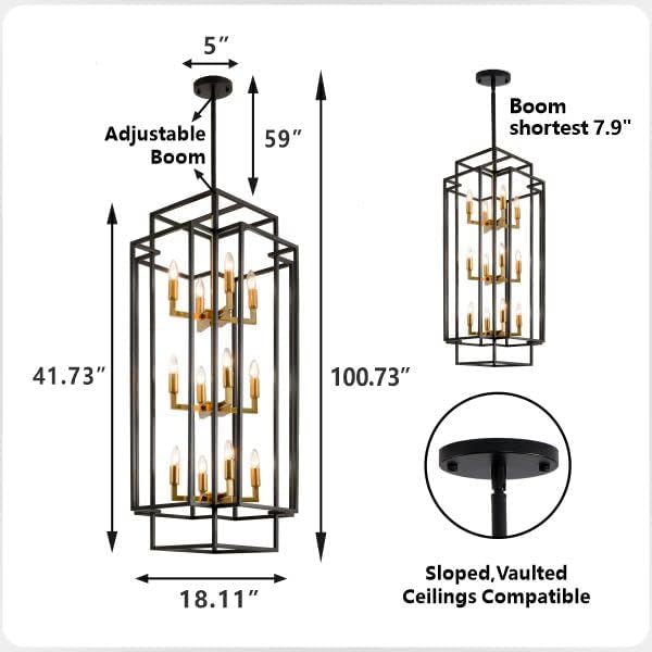 12-Light High Ceiling Chandeliers for Entryway, Black and Gold Large Pendant Light, Farmhouse Foyer Lighting Fixtures for Staircase Entry Dinning Room Kitchen Island